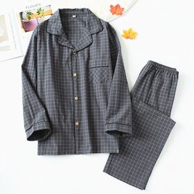 Pyjama Homme En Pur Coton à Carreaux - Cardigan à Manches Longues épais - Ensemble Vêtement D'intérieur Confortable
