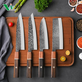 Conjunto de Facas de Chef Japonesas Forjadas Profissionais de 4 Peças com Cabo de Madeira Octogonal, Facas de Cozinha Kiritsuke Santoku de Aço Inoxidável