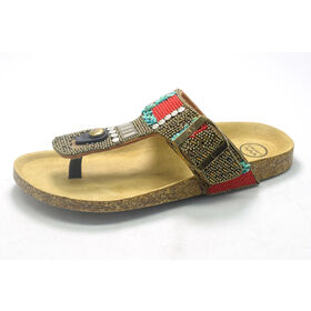 Sandales plates pour femmes, pantoufles en liège, strass, style ethnique, tongs, chaussons plats pour femmes, à porter à l'extérieur