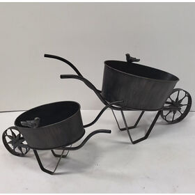 Manufacturer Small Flower Cart with Wheels Metal Wagon hand barrow Planters for Outdoor Plants Decor garden ornament set 2