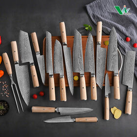Conjunto de Facas de Cozinha: Garfo de Carne em Aço Damasco 67 Camadas, Núcleo 14Cr S35VN, Facas de Chef Japonesas Kiritsuke Santoku Deba, Faca de Legumes
