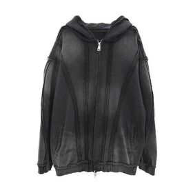 Sudadera con Capucha para Hombre con Cremallera Completa, Logo Personalizado al por Mayor, Algodón Grueso Lavado a la Piedra con Efecto Desgastado Vintage
