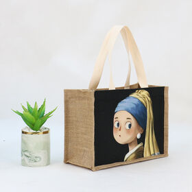 Bolsa de playa promocional barata con diseño de logotipo colorido, bolsa de yute de arpillera ecológica portátil