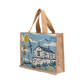 Strapazierfähige, umweltfreundliche Jute-Tragetasche mit farbigem Logo, bedrucktem Buchstabenmuster, Griffen für Lebensmitteleinkäufe, Strandverpackung, Öko-Taschen