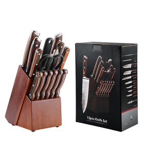 Conjunto de Facas de Chef Forjadas Marteladas com Bloco Premier, 15 Peças, Cabo de Madeira Pakka, Conjunto de Facas de Cozinha