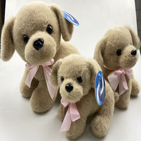 Boneka Anjing Duduk Miring, Anak Anjing Plush Lembut untuk Usia 3 Tahun ke Atas, Cokelat Muda, 20 cm - Mainan Anjing dengan Pita Merah Muda