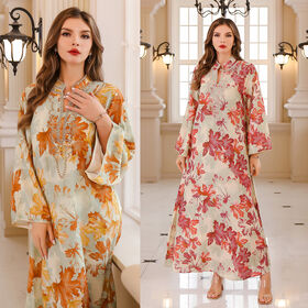 Oriente Medio musulmán Abaya verano impreso vestido largo, Dubai modest casual para las mujeres