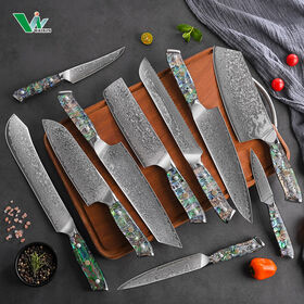 Conjunto de Facas de Cozinha em Aço Damasco de 67 Camadas com Núcleo 10Cr15CoMoV, Faca de Chef Japonesa e Faca de Legumes com Cabo de Abalone e Resina