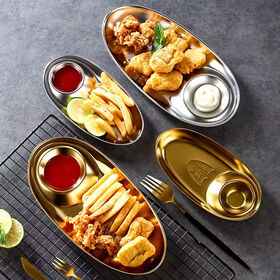 NEWELL Customized Korean-style Stainless Steel Snack Dumplings Golden Oval Division Dipping Plate Tray French Fries Plate