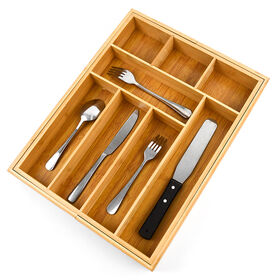 Organizador de Utensilios de Bambú Extensible con Compartimentos Removibles, Bandeja para Cubiertos para Cajón
