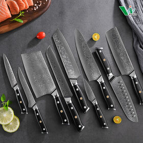 Conjunto de 9 Facas de Chef de Cozinha, Cabo G10, Aço Damasco de 67 Camadas, Faca Santoku, Utilitária e para Desossar