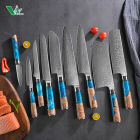 Conjunto de Facas de Cozinha de Chef Japonês de 9 Peças no Atacado da Fábrica, Núcleo VG10 de 73 Camadas, Conjunto de Facas Damasco com Cabo de Madeira de Resina
