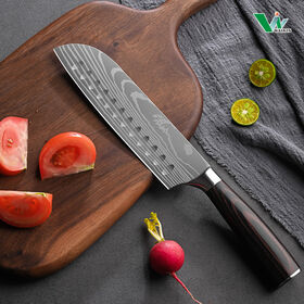 Faca Santoku de 7" Aço de Alto Carbono, Faca de Cozinha Japonesa com Cabo de Madeira Pakka, Facas de Chef Profissionais