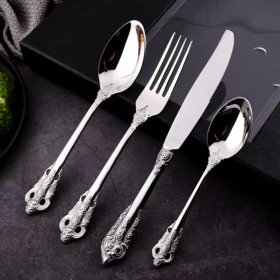 Vajilla occidental de acero inoxidable con relieve clásico tallado estilo palaciego vintage, juego de 4 piezas: cuchillo, tenedor y cuchara