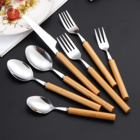 Hot Selling Wooden Handle Golden Cutlery Stainless Steel Knife Fork and Spoon Silverware Flatware Set