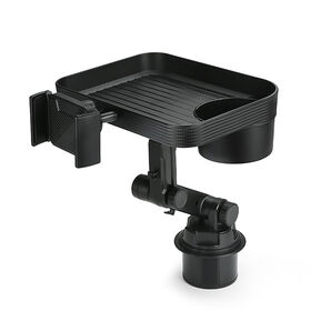 Mesa Bandeja Giratoria 360° para Coche con Portavasos Extensible, Borde Antiderrame, ABS de Grado Alimenticio, Base Ajustable para Ajuste Seguro - Ideal para Comida y Trabajo en el Coche