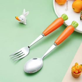 Cuillère à Dessert pour Enfants, Fourchette, Ensemble de Couverts pour Enfants avec Motif de Carottes de Dessin Animé