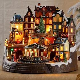 Large Luminous Christmas Decoration Led Music Christmas Village House With Rotating Train Rotating Christmas Tree