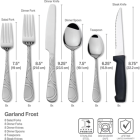 Ensemble de couverts modernes Garland Frost de 53 pièces en acier inoxydable avec ustensiles de service jetables, comprenant des couteaux à steak, idéal pour les fêtes