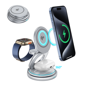 Nouveau Chargeur Rapide Pliable 15W Rotation 360 Degrés Qi2 Métal Magnétique 3 en 1 Chargeur Sans Fil pour Smartphone Montre Casque