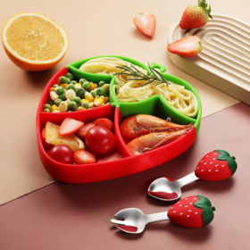 Assiette pour enfants en silicone, fourchette et cuillère en acier inoxydable, motif fraise à ventouse, ensemble de vaisselle pour aliments complémentaires pour bébés