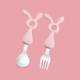 Juego de Cubiertos para Bebés y Niños Pequeños, Cuchara y Tenedor de Acero Inoxidable con Mango de Silicona y Estuche - Vajilla Infantil