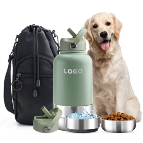 Bouteille d'eau portable avec logo personnalisé, distributeur de nourriture pour animaux de compagnie à usage personnel, bouteille d'eau pour chien 3 en 1 à double paroi en acier inoxydable