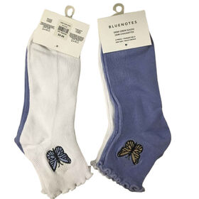 Calcetines de punto de licra para fabricante, 2PK, corte demi, 21 g/par, calcetín blanco/azul con logo de mariposa bordado