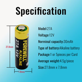 Bateria Alcalina 27A 12V de Longa Duração com Preço de Fábrica para Controle Remoto de Carro ou Campainha