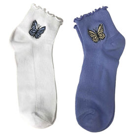 Strapazierfähige Damen Socken, 75% Baumwolle, 23% Polyester, 2% Elasthan, gestrickt, 2er-Pack Demi-Crew-Socken, 21g/Paar, weiße/blaue Socken mit Stickerei. Hochwertige Socken im Großhandel.