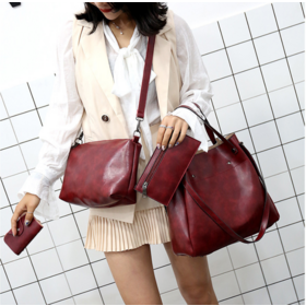 Wholesale four-piece set tote bags, trendy PU mother-and-child bags, solid-color handbags, single-shoulder crossbody bags