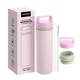 Everich 600ml Edelstahl Wasserflasche mit Strohhalm und Griff hält 12 Stunden kalt oder 2 Tage eisgekühlt für Outdoor-Aktivitäten