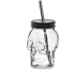 Wholesale Transparent 12oz 480ml Skull Ice Jucie Water Glass Mason Jar with Iron Lids and Straw for Jucie Ice Water Beer Bar