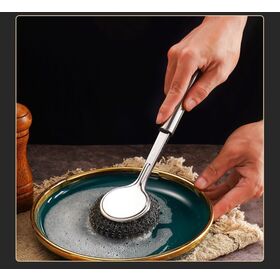 Brosse à casserole en acier inoxydable, boule de laine d'acier, brosse à vaisselle à long manche