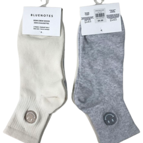 Outlet de fábrica para damas, calcetines de punto 2PK demi crew, 79% algodón, 19% poliéster, 2% spandex, 32g/par, galga 144, BLANCO/GRIS, bordado de carita sonriente.
