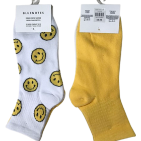 Factory Outlet Ladies 79% cotton 19% polyester 2% spandex knitted 2PK demi crew socks, 32g/pair, 144GG, YELLOW SMILEY PACK