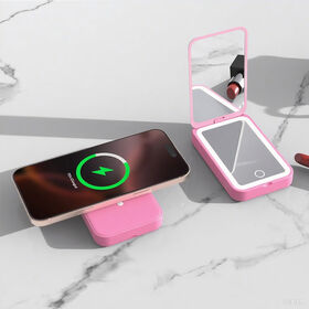 Pengisi Daya Ponsel Portabel 3000mAh Pengisian Nirkabel Magnetik Bank Daya Merah Muda dengan Cermin - Power Bank Nirkabel Magnetik
