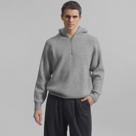 Herren Kapuzenpullover mit halbem Reißverschluss, einfarbig, gestrickter Hoodie für Herren