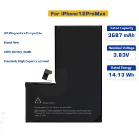 Batería OEM de cobalto puro para iPhone 12 Pro Max, diagnóstico de salud iOS, batería extra compatible para reparación y reemplazo.