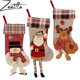 OEM 18" Christmas Stockings, 3D Plush Classic Xmas Stockings of Santa Snowman Reindeer with Embroidered Edges Hanging Loops
