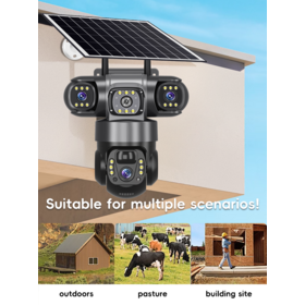 Caméra Solaire à Triple Objectif V380 : Caméra de Surveillance Extérieure Sans Fil Alimentée par Panneau Solaire et Batterie, Compatible avec Carte SIM 4G