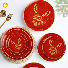 Neues weihnachtliches Geschirrset aus Bone China, rote Teller und komplettes Set für festliche Partydekorationsartikel