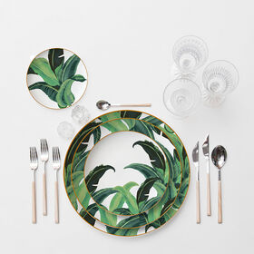 Service de vaisselle en porcelaine fine à bordure dorée avec motifs de feuilles vertes - Plats et tasses en céramique de luxe pour cuisine