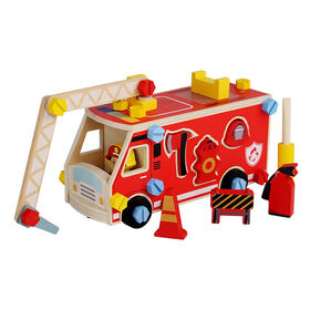 2025 Holz-Feuerwehrauto mit Muttern – Kleinkind Schrauben Muttern Fahrzeug Set mit Feuerwehrmännern & Werkzeugen Rollenspiel Bausteine W04A679