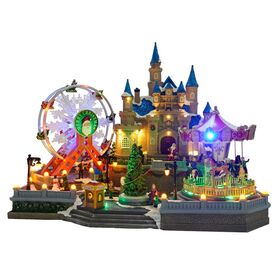 Decoração de Castelo de Natal, 47 cm de Altura, Luzes LED Coloridas com Música de Natal, Carrossel e Roda Gigante para Casa - Decoração de Natal Grande para Atacadistas