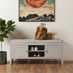 Wooden Shoe Bench with 2 Cupboards and Open Shelving Outdoor and Hotel Lobby Shoe Storage Organizer