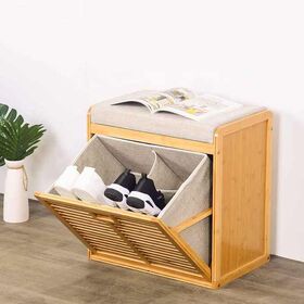 Banc à Chaussures Moderne en Bois avec Coussin d'Assise Moelleux pour Organisateur de Rangement d'Entrée