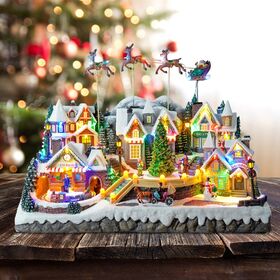 Casa Grande de Vila Natalina com Rena Voadora, Árvore de Natal Giratória, Trem em Movimento, Luzes LED Coloridas e 8 Canções Festivas