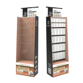 Custom PVC cartón Pop Retail Floor Hook Display Rack de exhibición de cartón Stand de piso con gancho de clavija