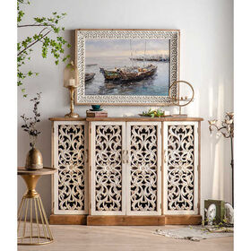 Meubles de style rural industriel rétro antique avec des panneaux latéraux en bois et 4 portes sculptées évidé